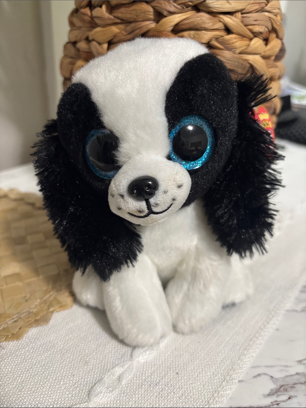 Ty Black & White Puppy Plush with Sparkling Blue Eyes